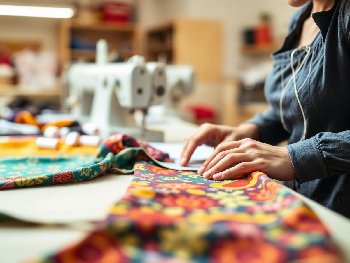 Costureira trabalhando com tecido estampado